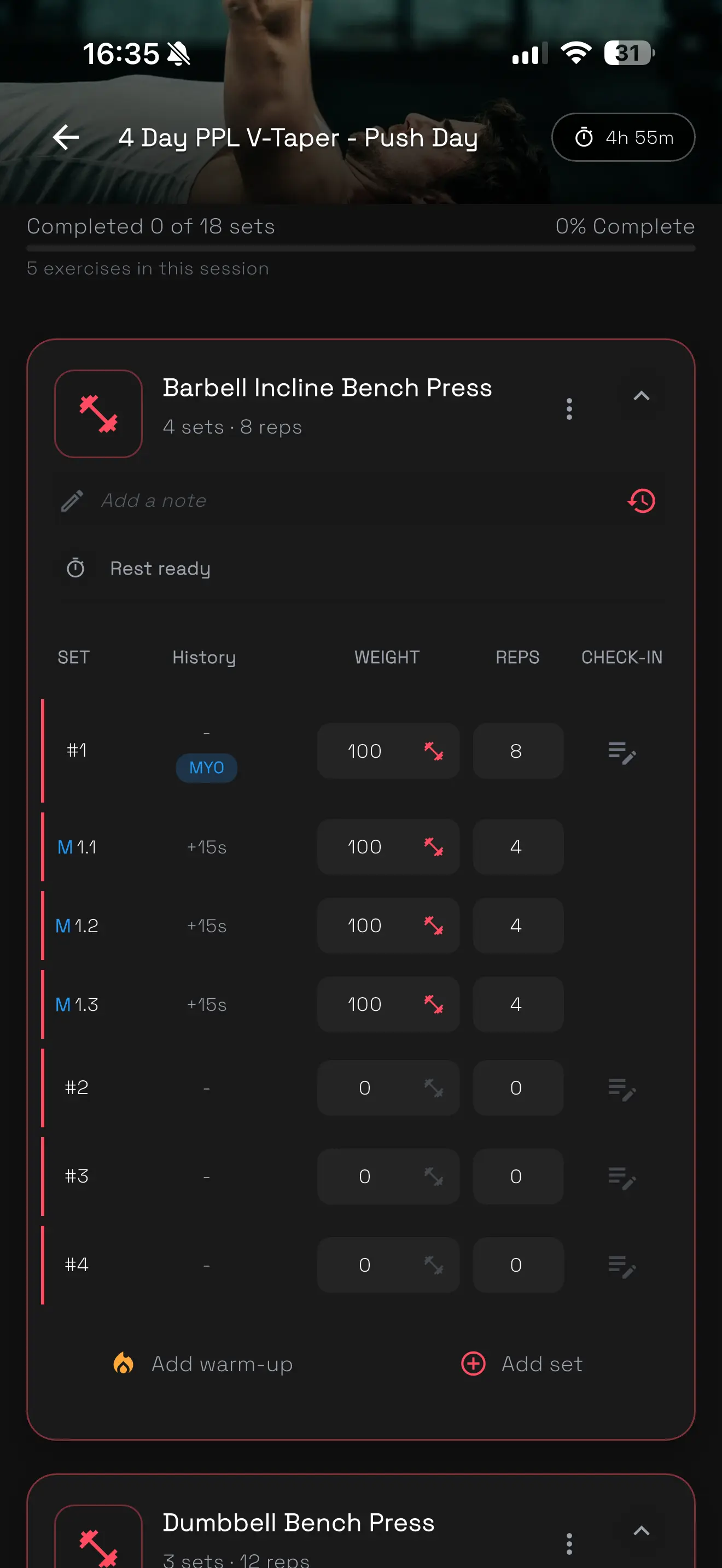 OpenLift Set Tracker с Myo-Reps activation set и три mini-set реда с плюс 15 секунди